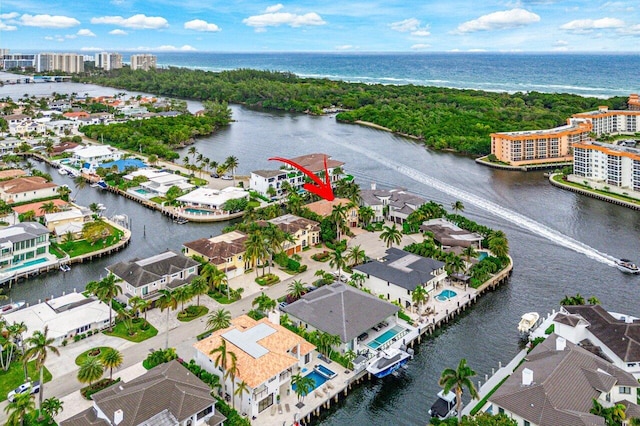 drone / aerial view featuring a water view