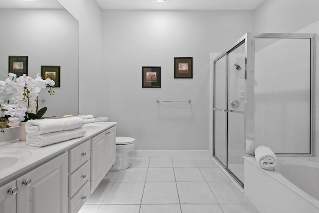 full bathroom with toilet, vanity, shower with separate bathtub, and tile patterned flooring