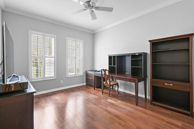 office area with crown molding, ceiling fan, and dark hardwood / wood-style flooring