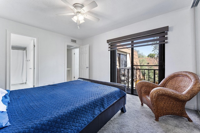 bedroom with ceiling fan and light colored carpet