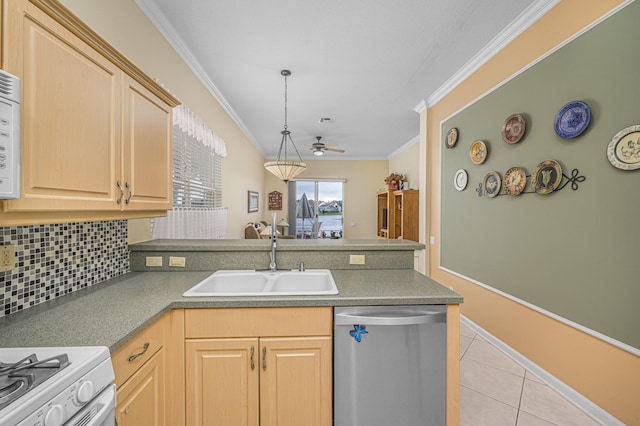 kitchen with kitchen peninsula, ornamental molding, ceiling fan, sink, and dishwasher