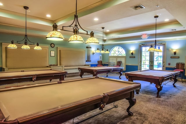 game room featuring a raised ceiling, french doors, carpet, and pool table