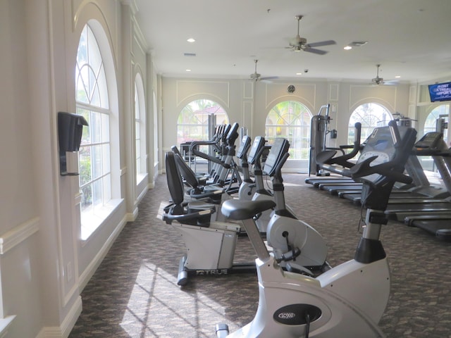 gym featuring a wealth of natural light and dark colored carpet