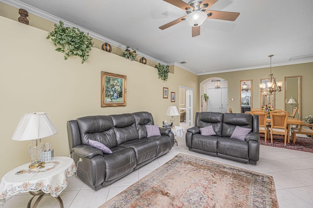 living room with crown molding, light tile patterned floors, and ceiling fan with notable chandelier