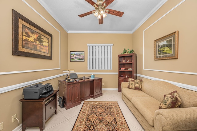 office space featuring ceiling fan, light tile patterned floors, and crown molding