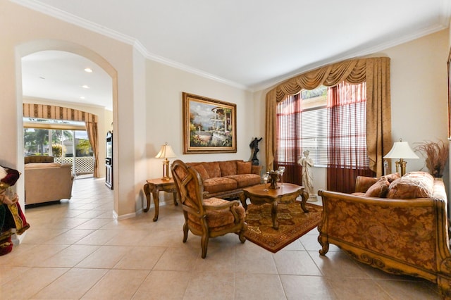 tiled living room with crown molding