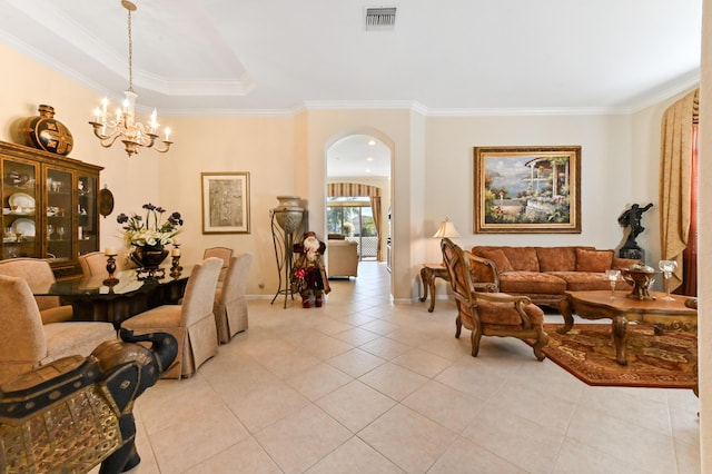 tiled dining room with a notable chandelier and crown molding