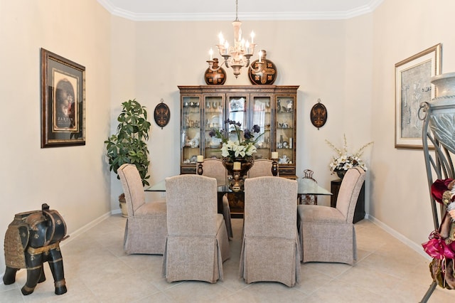 tiled dining area featuring a notable chandelier and crown molding