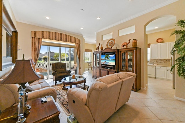 tiled living room with ornamental molding