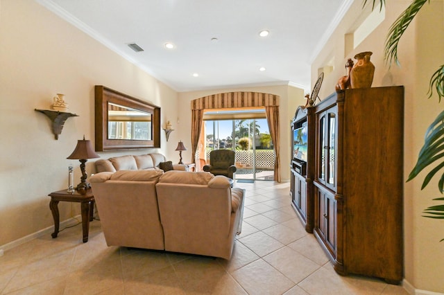 tiled living room featuring crown molding