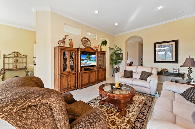 tiled living room with ornamental molding