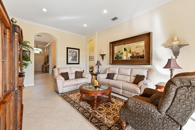 tiled living room with ornamental molding