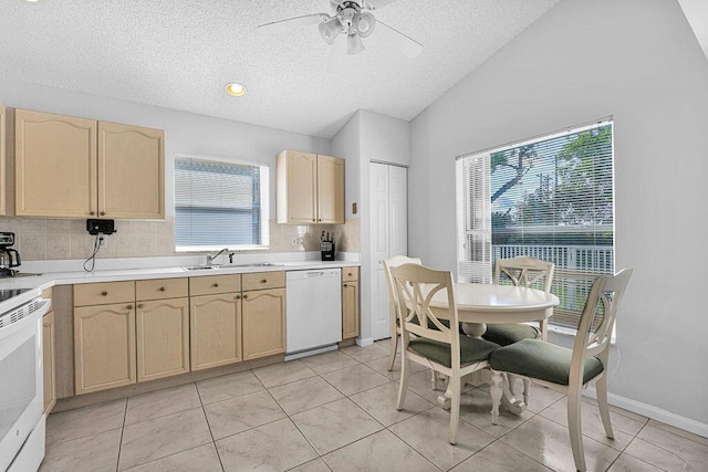 kitchen featuring white appliances, a wealth of natural light, lofted ceiling, and sink