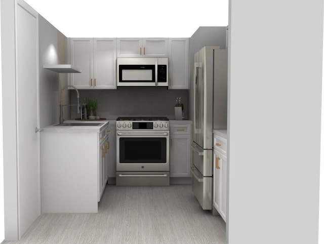 kitchen with sink, stainless steel appliances, and light hardwood / wood-style flooring