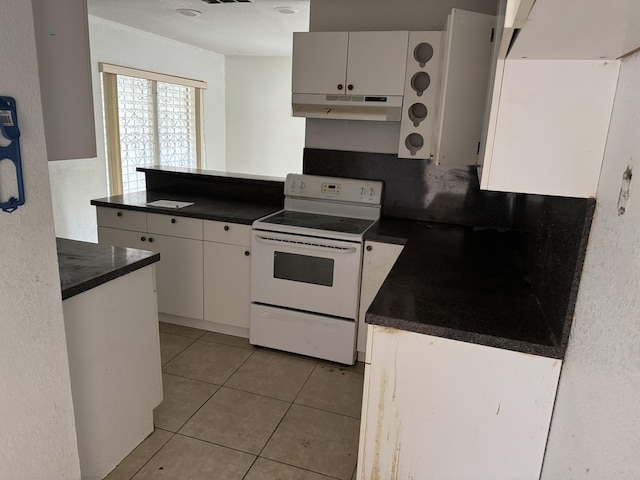 kitchen featuring kitchen peninsula, white cabinetry, light tile patterned flooring, and white electric stove