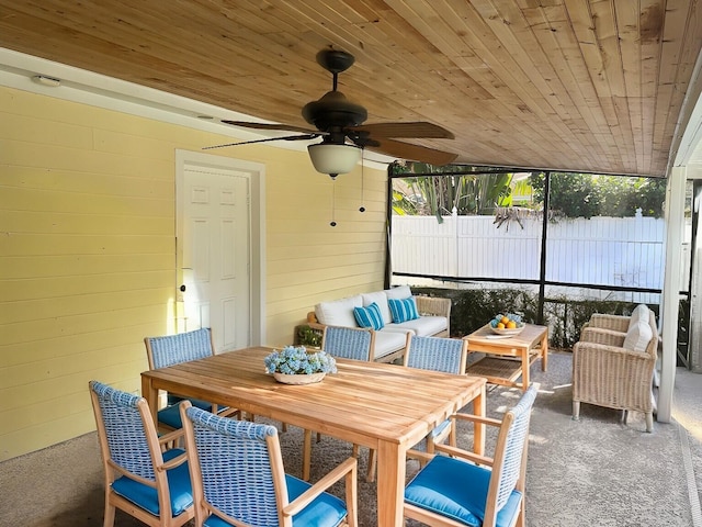 sunroom / solarium featuring ceiling fan and wood ceiling