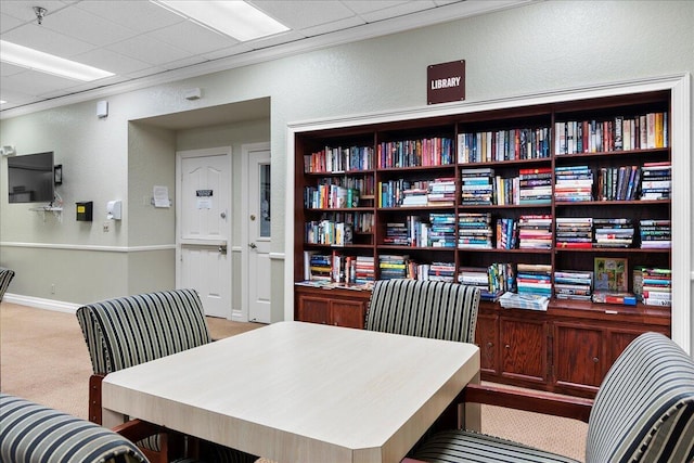 carpeted office space with ornamental molding