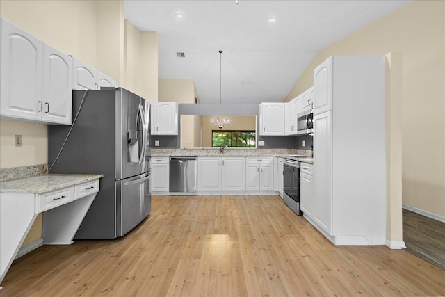 kitchen featuring stainless steel appliances, white cabinets, an inviting chandelier, light wood-type flooring, and light stone countertops