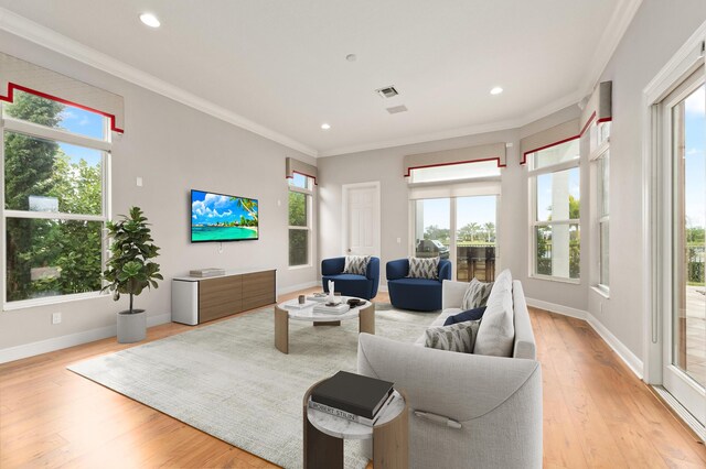 dining room with crown molding and light wood-type flooring