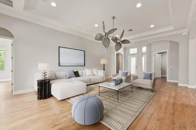 living room featuring a healthy amount of sunlight, a raised ceiling, and light hardwood / wood-style floors