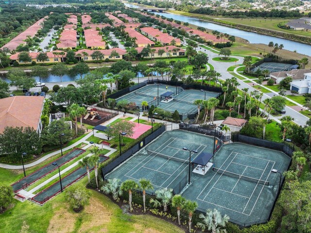 bird's eye view with a water view