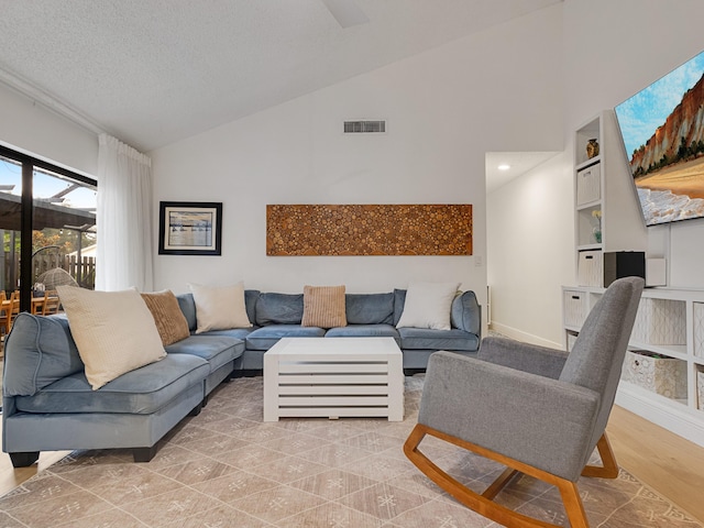 living room featuring built in shelves, a textured ceiling, and lofted ceiling