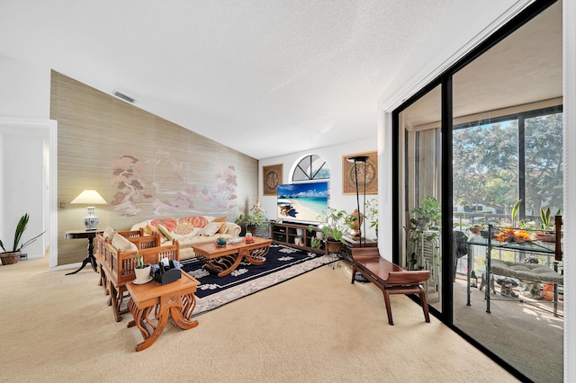 carpeted living room featuring a textured ceiling and vaulted ceiling