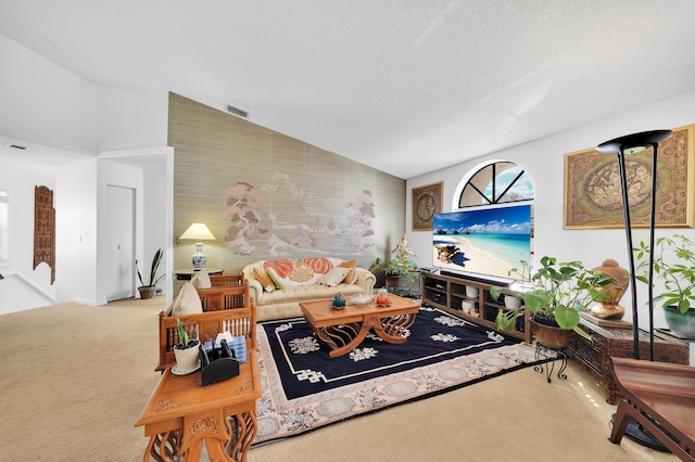 carpeted living room featuring a textured ceiling and lofted ceiling