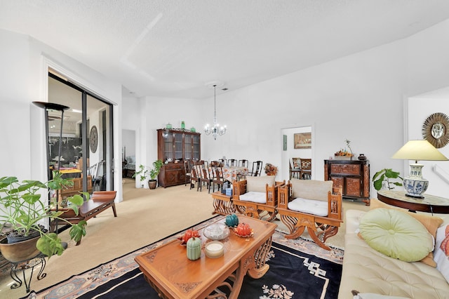 carpeted living room with a chandelier and a textured ceiling