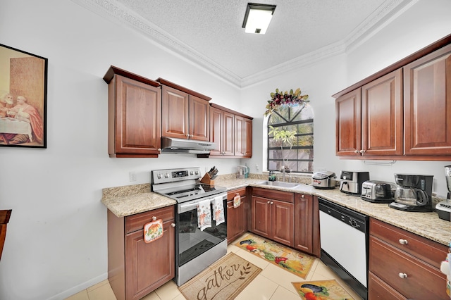 kitchen with dishwasher, sink, electric range, ornamental molding, and a textured ceiling