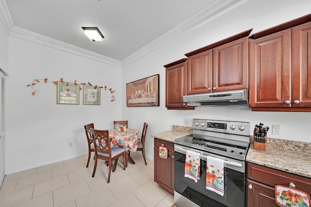 kitchen with a textured ceiling, range hood, ornamental molding, and electric stove