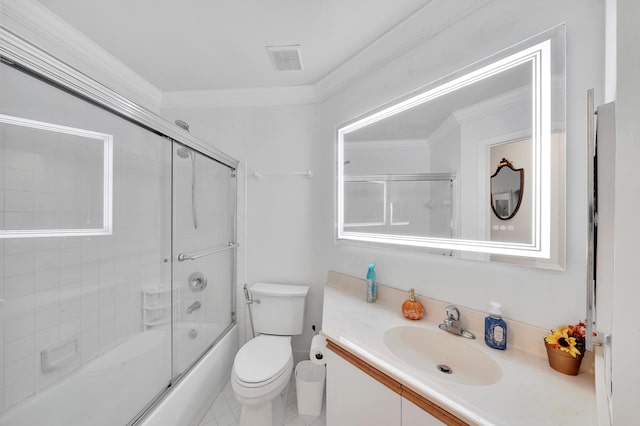 full bathroom featuring vanity, toilet, ornamental molding, and enclosed tub / shower combo