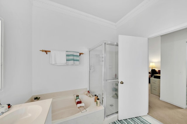 bathroom with vanity, separate shower and tub, and ornamental molding