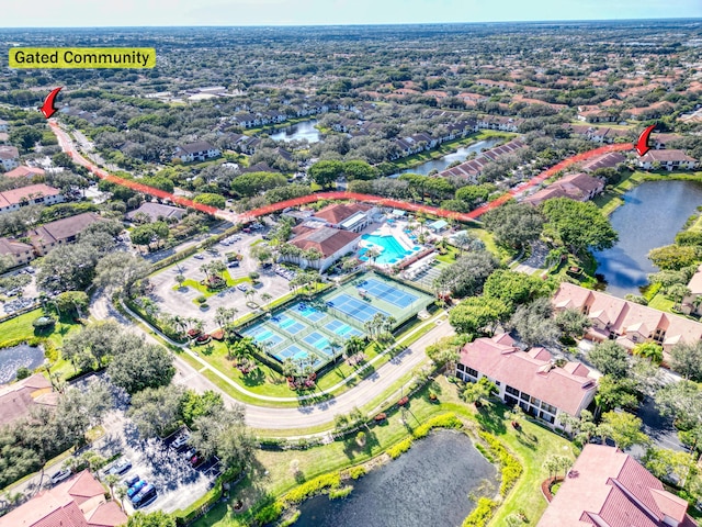 aerial view featuring a water view