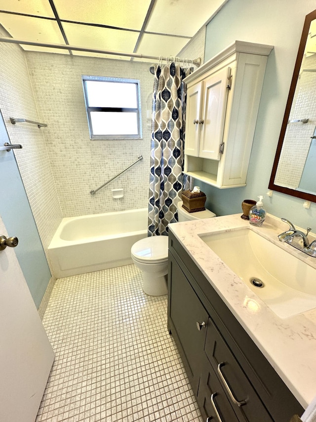 full bathroom with tile patterned floors, vanity, toilet, and shower / tub combo with curtain