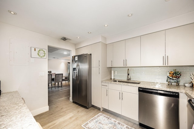 kitchen featuring tasteful backsplash, stainless steel appliances, sink, light hardwood / wood-style flooring, and white cabinets