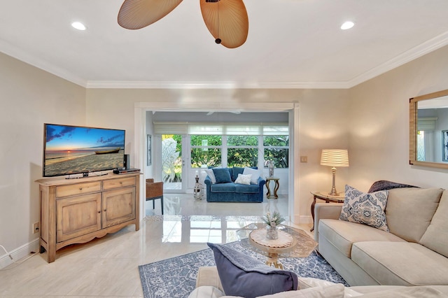 living room featuring ceiling fan and ornamental molding