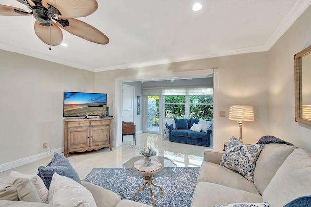 living room featuring ceiling fan and ornamental molding