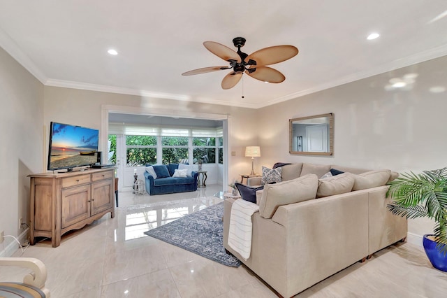 living room with ceiling fan and crown molding