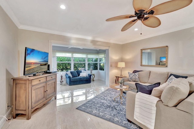 living room featuring crown molding, light tile patterned floors, and ceiling fan