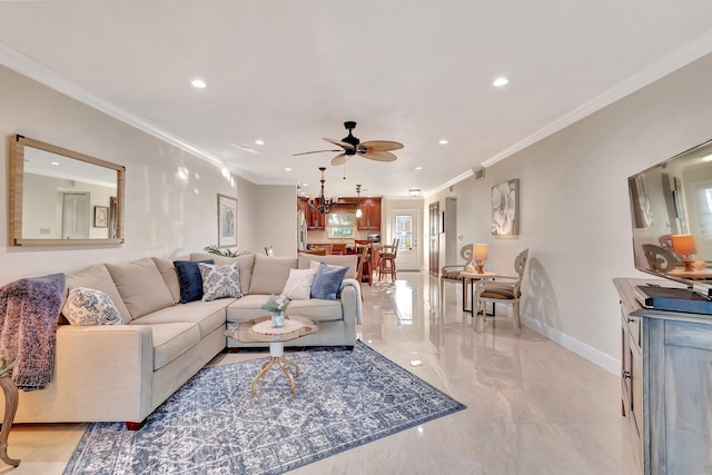 living room with ceiling fan and ornamental molding