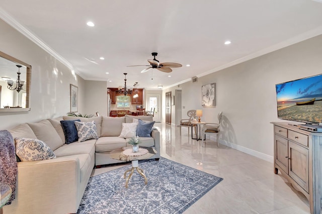 living room featuring ceiling fan with notable chandelier and ornamental molding