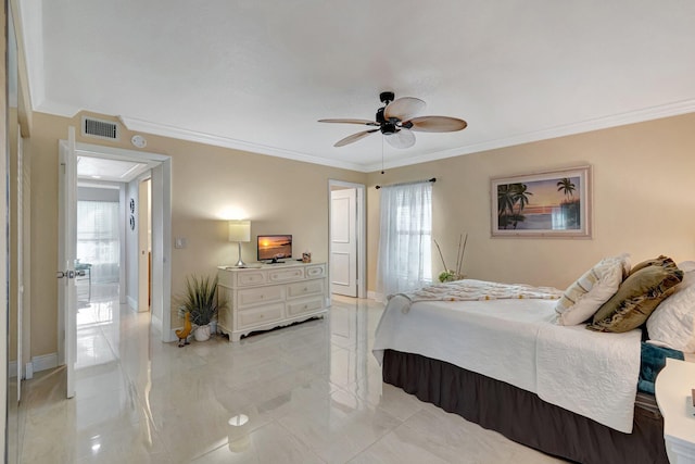 bedroom featuring ceiling fan, ornamental molding, and multiple windows