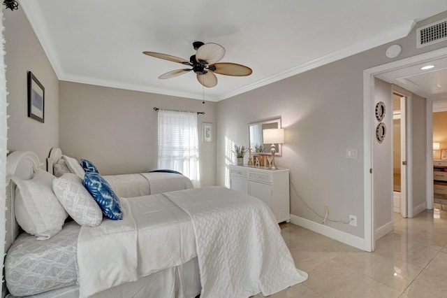 bedroom with ceiling fan and ornamental molding