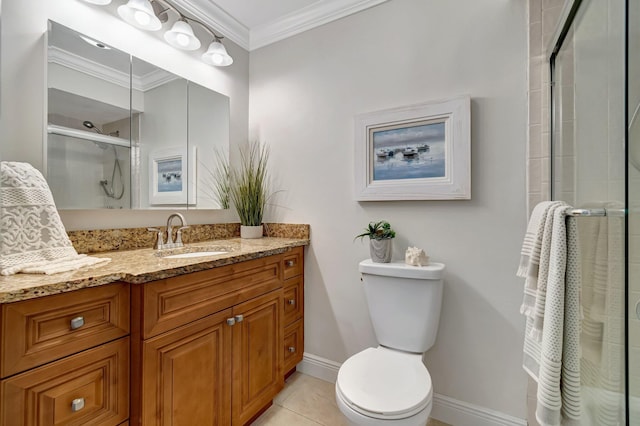 bathroom featuring tile patterned floors, an enclosed shower, toilet, vanity, and ornamental molding