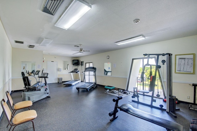 exercise room with ceiling fan