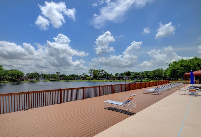 dock area with a deck with water view