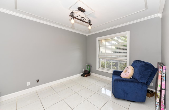 living area featuring light tile patterned floors and ornamental molding