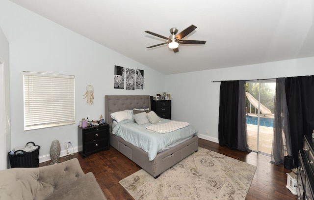 bedroom with dark hardwood / wood-style floors, ceiling fan, lofted ceiling, and access to outside