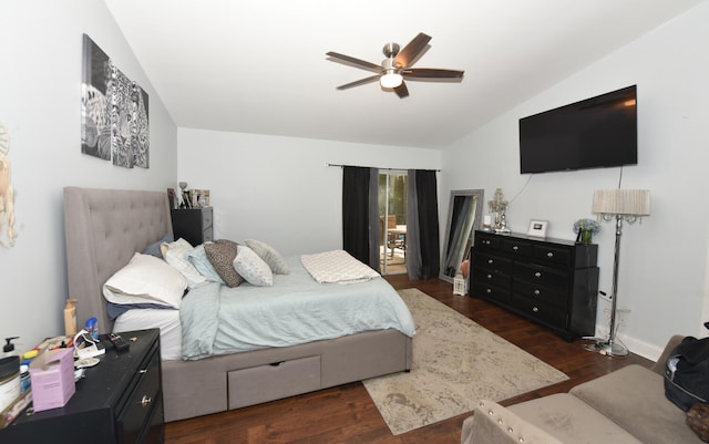 bedroom with dark hardwood / wood-style floors, ceiling fan, and lofted ceiling